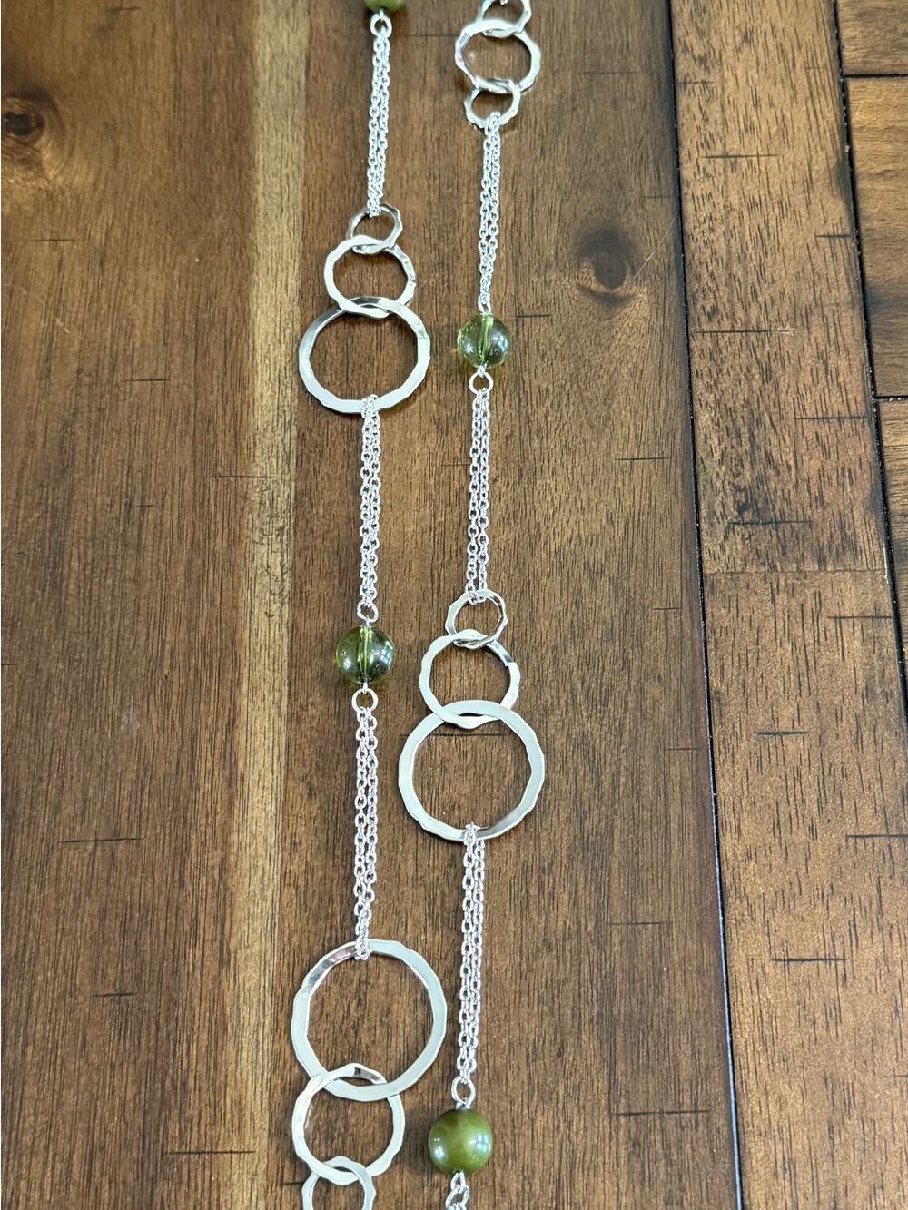 paparazzi Silver Tone Long Necklace with Olive Green Beads and Earrings